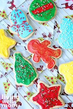 decorated christmas cookies on a cooling rack