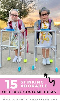 two older women standing next to each other with the text 15 stinking adorable old lady costume ideas