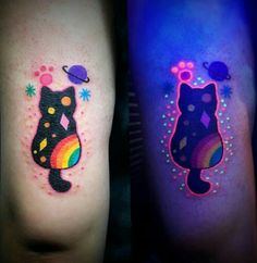 two colorful tattoos on the legs of people, one with a cat and another with a rainbow