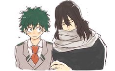 two anime characters one with green hair and the other with black hair, both wearing scarves