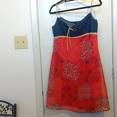 Denim Upper, Spaghetti Straps, Sheer Pattern Over Red Slip Dress Indie Hoco Dress, Costumes With Red Dress, Colorful Fall Fashion, Lana Del Rey Red Dress, New Years Clothes, Slip Dress Outfit Aesthetic, Cutout Dress Pattern, Thrift Flip Dress, 60s Summer Fashion