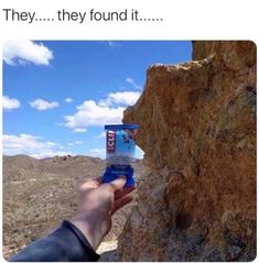 someone is holding up an ice cream in front of a rock face with the caption, they they found it