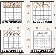 four calendars with pumpkins on them and the words october, october, november, oct