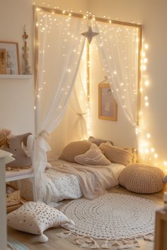 a white bedroom with lights on the walls and a round rug in front of it