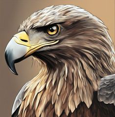 an eagle's head with yellow eyes and brown feathers is shown in this artistic painting