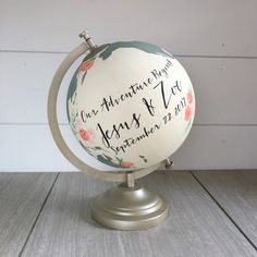 a white globe with writing on it