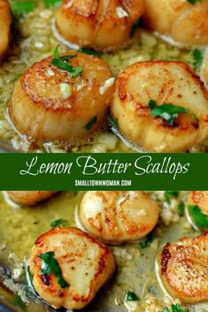 lemon butter scallops in a skillet with parsley on top and the words lemon butter scallops above it