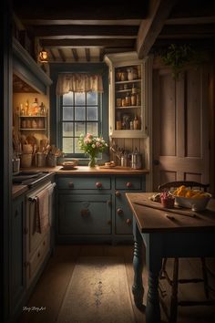 a painting of a kitchen with blue cabinets and wood floors, an island countertop has fruit on it