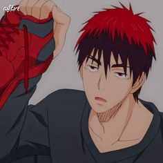 an anime character with red hair and black shirt holding his hand up to his head