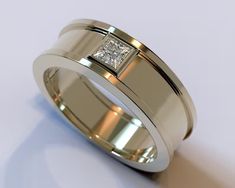 a wedding band with a princess cut diamond set in the center, on a white background