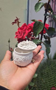 a hand holding a small white container with flowers in the background