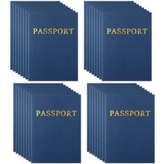 six blue passport covers with gold lettering on them