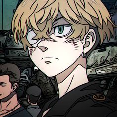 an anime character with blonde hair and blue eyes looking at the camera while another person stands behind him