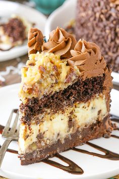 a piece of cake on a plate with chocolate frosting and nutty toppings