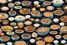 an image of many different bowls and dishes on a black tablecloth that is filled with food