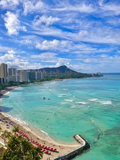 an aerial view of the beach and ocean in waikiki, oahua