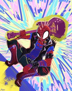 a spider man with a baseball bat in his hand, sitting on a colorful background