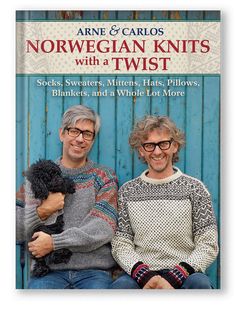 two men sitting next to each other on a blue wooden background with the title norwegian knits with a twist