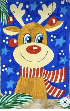 a painting of a reindeer with red nose and striped scarf on it's face