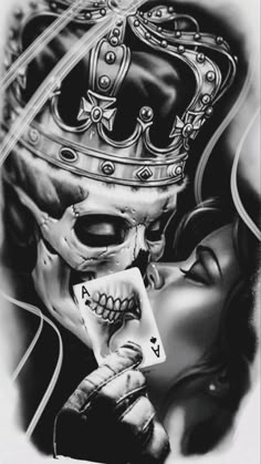 a black and white drawing of a skeleton holding a playing card with a crown on it