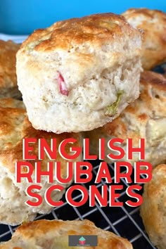 english rhubarb scones on a cooling rack with text overlay reading english rhubarb scones