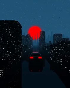 a car driving down a city street at night with the sun in the sky behind it