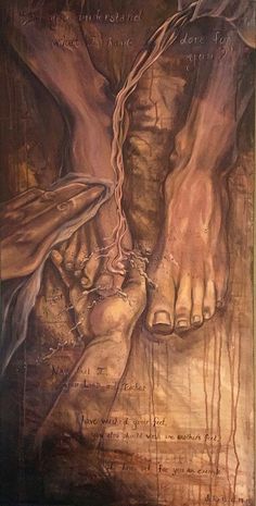 a painting with two hands holding the foot of another person's hand, in brown tones