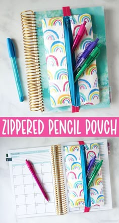 the zippered pencil pouch is filled with pens and notebooks, along with a planner