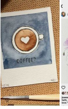 two pictures one with coffee and the other with watercolors on paper, both have hearts in them