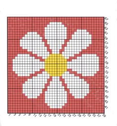 a cross stitch pattern with white flowers on red and yellow squares in the shape of a flower