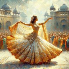 a painting of a woman dancing in front of a crowd