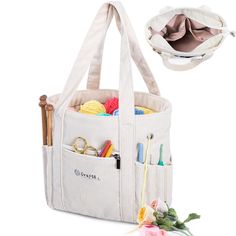 an image of a bag that is filled with crafting supplies and scissors on the side