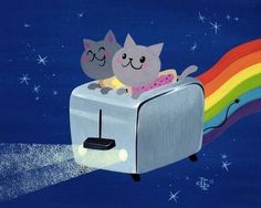 two cats sitting on top of a toaster with a rainbow and stars in the background