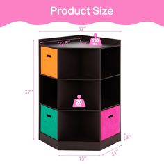 this is an image of a multicolored shelf with bins on it and measurements