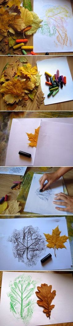 several pictures of leaves and crayons on the table