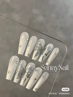 Presson Nail Ideas, Douyin Butterfly Nails, Goth Butterfly Nails, Nike Nails, Long Press On Nails, Fake Nails Designs, Punk Nails, Grunge Nails, Pretty Gel Nails