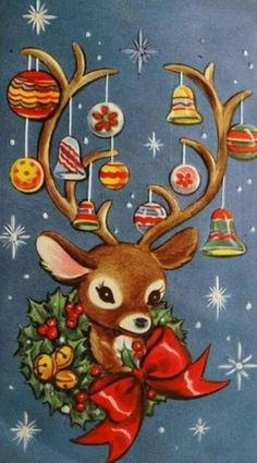 a painting of a deer with christmas decorations on it's antlers and bells