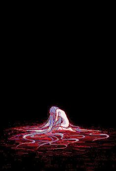 an image of a woman floating in the water on her stomach with blood all over her body