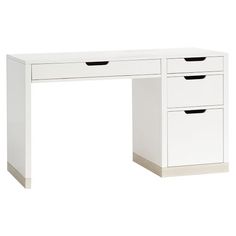 a white desk with two drawers on the bottom and one drawer at the top that is open