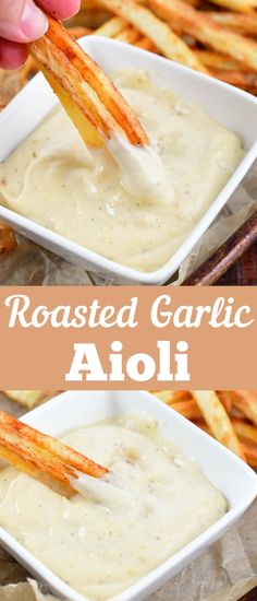 roasted garlic aioli in a white bowl with dipping sauce