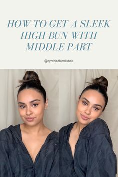 Slick High Ponytail Middle Part, Top Knot Formal Hair, Top Bun Outfit, Slicked Top Knot High Bun, Messy Top Bun With Middle Part, Updos For Medium Length Hair Middle Part, High Slicked Bun, Middle Part Hair Updos