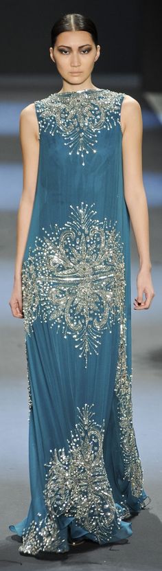 Naeem Khan ~ White Crystals + Silver Embroidered Dusty Blue Gown Fall 2011 Dusty Blue Gown, Gowns Couture, Ask Your Friends, Perfect Little Black Dress, Blue Gown, Armani Prive, White Crystals, Evening Gowns Formal