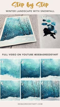 Snowy House Drawing, Winter Paint Night Ideas Easy, Snow Painting Easy, Winter Forest Painting Easy, Xmas Acrylic Paintings, Christmas Art Tutorials, How To Paint A Winter Scene, Winter Landscape Acrylic Painting, Easy Acrylic Winter Paintings