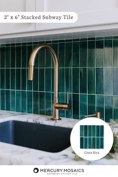 a kitchen sink with green tiles and gold faucet next to it is shown