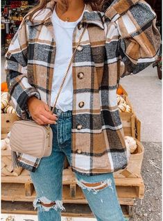 Long Sleeve Loose Blouse, Plaid Cardigan, Plaid Outfits, Plaid Coat, Long Sleeves Coats, Woolen Coat, Long Sleeve Plaid, Look Casual, Wool Jacket