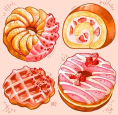 three different types of donuts on a pink background