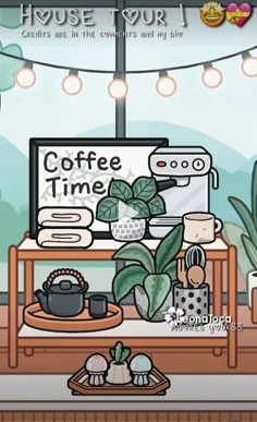 a coffee shop with plants and pots on the table in front of a tv screen