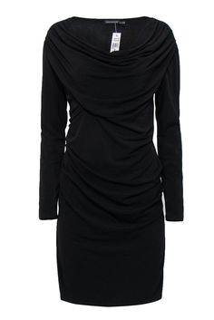 Current Boutique-Josie Natori - Black Long Sleeve Draped Cowl Midi Dress Sz S Chic Draped Mini Dress For Fall, Chic Draped Bodycon Dress, Elegant Draped Bodycon Dress For Night Out, Draped Bodycon Dress For Night Out, Elegant Draped Mini Dress For Fall, Chic Draped Bodycon Dress For Date Night, Fall Draped Mini Dress For Date Night, Sleek Dress With Draped Sleeves, Elegant Ruched Bodycon Dress For Winter