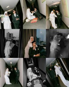 a collage of photos showing the bride and groom