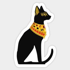 the egyptian cat sticker is shown on a white background and has gold decorations around its neck